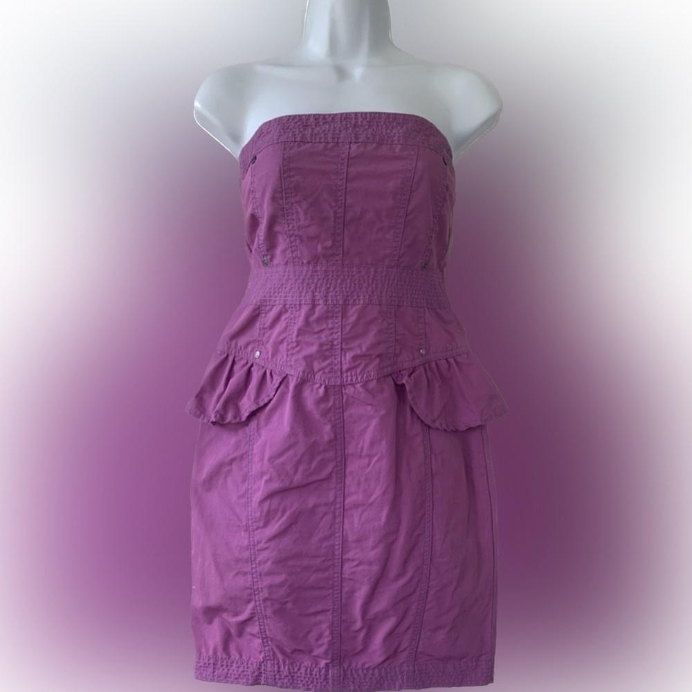 River island bright purple strapless denim open back peplum waist dress